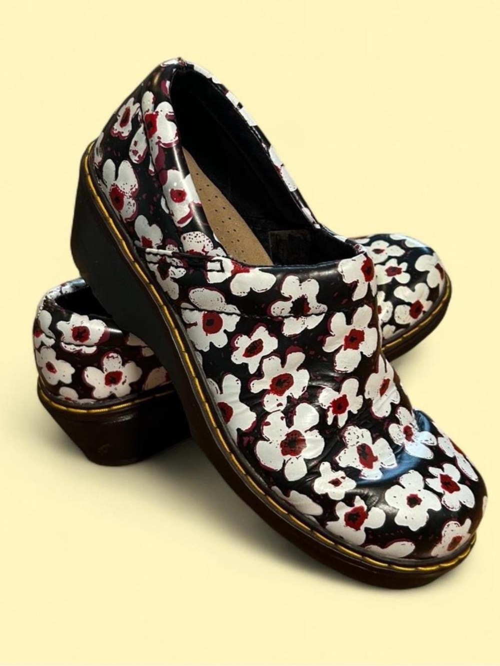 Vintage Dr. Martens Black Floral Slip-On Platform Clogs with White & Red Flowers